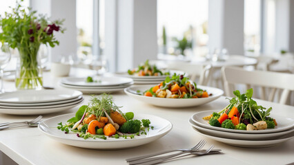a selection of freshly prepared vegetarian dishes on a clean, white wooden table in a chic restaurant environment