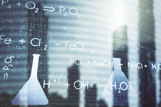 Abstract virtual chemistry illustration on modern architecture background, science and research concept. Multiexposure