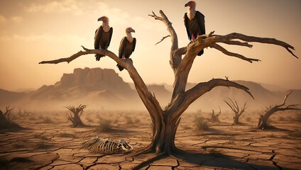 Vultures Hawks Eagles Desert Savannah Death Dry Tree Dead Skull Bones Land 
