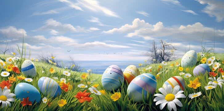 A green field with easter eggs and flowers