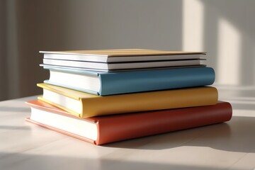 A book pile close up on a study desk. Front view pile book. Stack of colorful books on study table