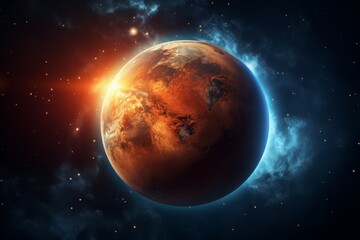 Fototapeta premium a red planet with a bright star in the background and a blue sky with stars around it, with a bright light shining on the planet. the planet Mars World Wildlife Day . 