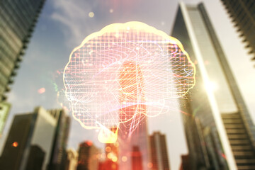 Virtual creative artificial Intelligence hologram with human brain sketch on modern architecture background. Double exposure