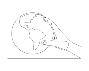 Continuous single line sketch drawing of palm hand holding earth globe save world environment. One line art of protect earth care world day vector illustration 