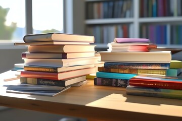 A book pile close up on a study desk. Front view pile book. Stack of colorful books on study table