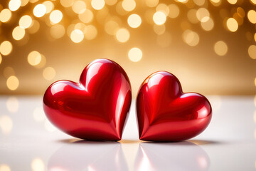 Two glossy red hearts against a golden bokeh background, symbolize love, romance, and Valentine’s Day.