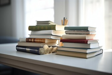 A book pile close up on a study desk. Front view pile book. Stack of colorful books on study table