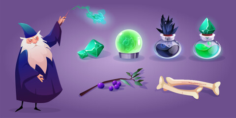 Old wizard and set of magic assets isolated on background. Vector cartoon illustration of magician character with long beard, wand in hand, gemstone, crystal ball, elixir bottle, olive branch, bones