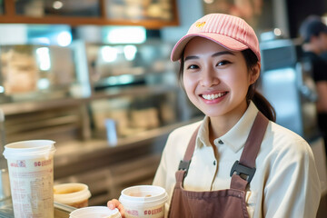 ファーストフード店で働く日本人の女性「AI生成画像」