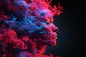 A woman with red and blue smoke on her face in a highly detailed vfx portrait. - obrazy, fototapety, plakaty