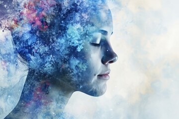 A person with a dreaming face, as if their face is made out of clouds, against a sky background in a double exposure portrait.