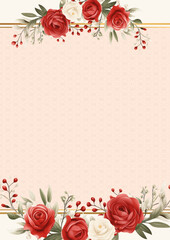 Red and beige wreath background invitation template with flora and flower