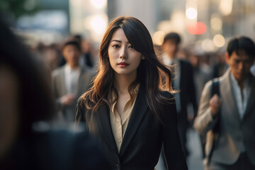 日没に屋外を歩いて帰宅する日本人のビジネスパーソンの女性「AI生成画像」