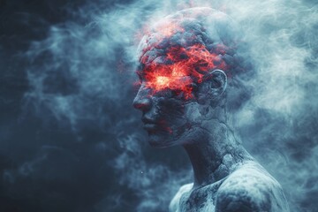 A person with smoke coming out of their head and a face melting in agony in a detailed glowing portrait of a male humanoid.