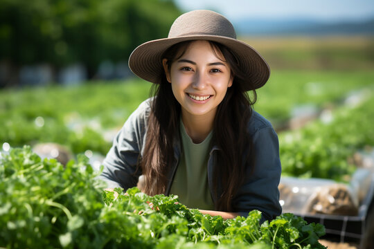 畑で収穫した野菜を持つ若い日本人女性農業者「AI生成画像」