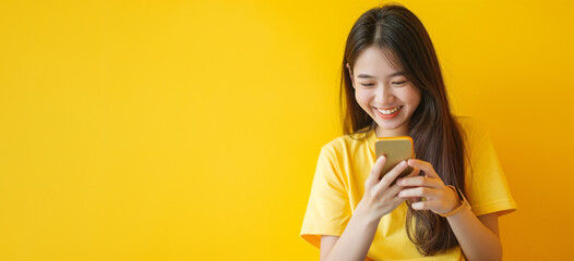 Asian girl using smartphone isolated on yellow background with copy space for your text, generative AI - obrazy, fototapety, plakaty
