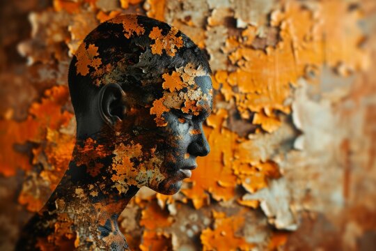 A person with orange skin and paint on their face in a surreal portrait photography.