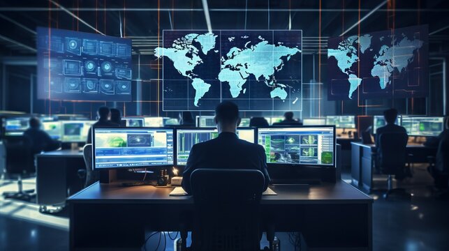 Rear view Professional IT technical support, cybersecurity, programmers, hackers working at computers with digital screens and surveillance maps.