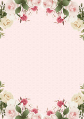 Fototapeta na wymiar Pink and white wreath background invitation template with flora and flower
