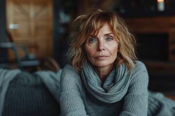 Lonely middle-aged woman sitting alone on the sofa in living room and looking at camera. Loneliness of senior people, melancholy, depression - obrazy, fototapety, plakaty