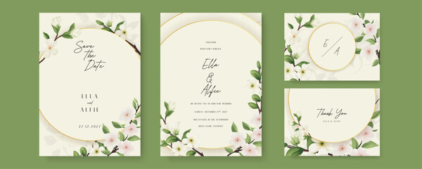 White and beige sakura and cosmos wedding invitation card template with flower and floral watercolor texture vector