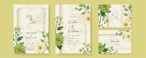 Beige and green chrysanthemum beautiful wedding invitation card template set with flowers and floral