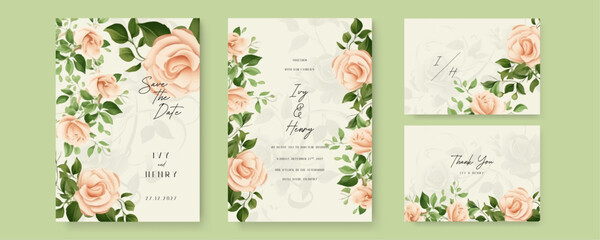 Beige rose luxury wedding invitation with golden line art flower and botanical leaves, shapes, watercolor