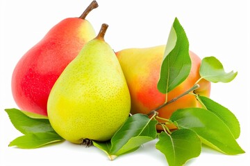 A couple of pears are seen sitting next to each other in a professional fruit photography.
