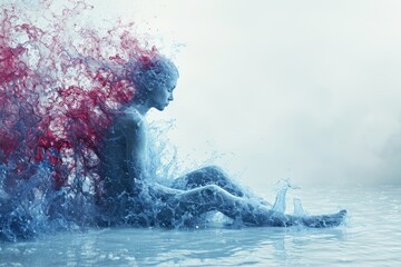 A man sitting in the water with a splash of water on his face in a water art manipulation.