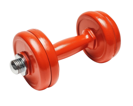 Vibrant red dumbbell on a transparent background, fitness equipment for strength training.