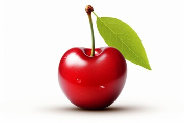 An apple with a leaf on top of it, resembling a red apple or a cherry, is seen.