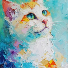 A colorful and textured abstract hand-drawn painting of a cute cat, perfect for wall decor with a contemporary flair