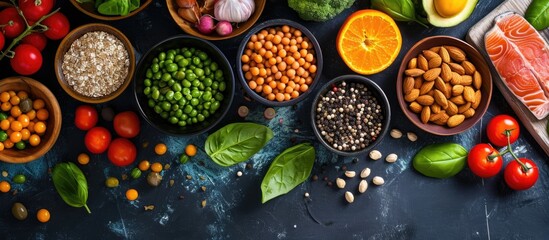 High B9 foods, folic acid sources, viewed from above. - obrazy, fototapety, plakaty