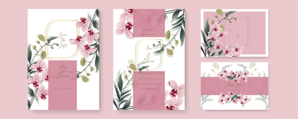 Pink orchid elegant wedding invitation card template with watercolor floral and leaves