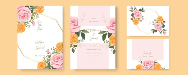 Fototapeta na wymiar Pink and orange rose vector elegant watercolor wedding invitation floral design