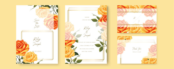 Orange and yellow rose vector wedding invitation card set template with flowers and leaves watercolor