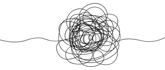 A ball of tangled scribble. A circular object made of swirls with a beginning and an end. Sketch. - obrazy, fototapety, plakaty