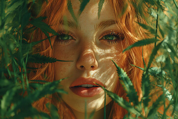 Young Pretty Girl's Face amidst Marijuana Plant Leaves
