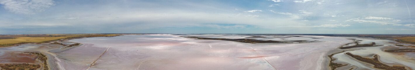 Aerial view of Lake Tyrrell, is a shallow, salt-crusted depression in the Mallee district of north-west Victoria, Australia, image in panorama.