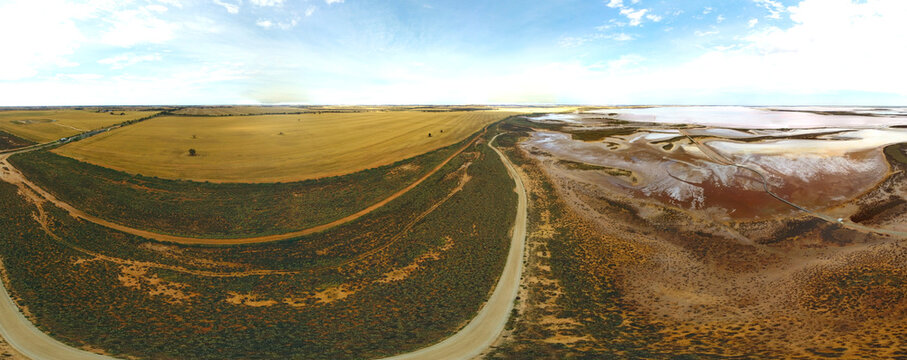 Aerial view of Lake Tyrrell, is a shallow, salt-crusted depression in the Mallee district of north-west Victoria, Australia, image in panorama.