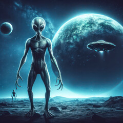 mysterious aliens creatures standing in front of unidentified flying object (ufo) on the planet earth. ai generative