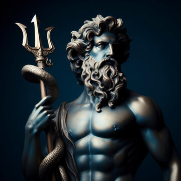 Photo of a Poseidon, god of the seas on solid dark blue background. ai generative