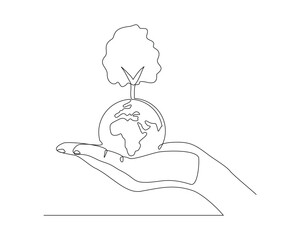 Continuous single line sketch drawing of palm hand holding earth globe and plant tree save world environment. One line art of protect nature ecology earth care world day vector illustration 