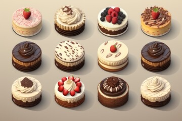 3D cute collection of chocolates and cake on isolated background