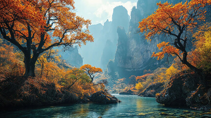 Autumnal landscape with river flowing between mountain range