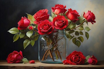 A bouquet of vibrant red roses, delicately arranged in a rustic mason jar, brought to life in a hyper-realistic oil painting.