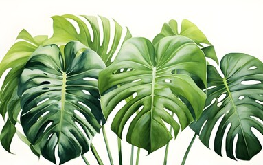 Watercolor drawing of green monstera leaves.