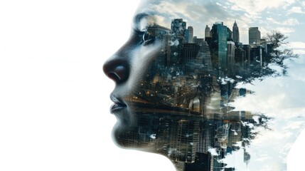 cityscape within female face through a striking double exposure design.