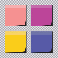 Paper notes , sticky notes. Colorful stickers or notepad pages with curled corners. Empty blanks for messages. Realistic mock up.