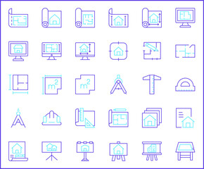 Set of architecture and construction icons line style. It contains such Icons as interior, real estate, building, house, plans, design, build, tool and other elements.
